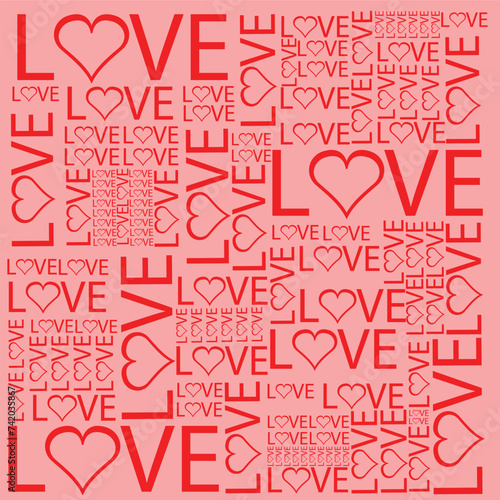 illustration of hearts next to the word love on red background