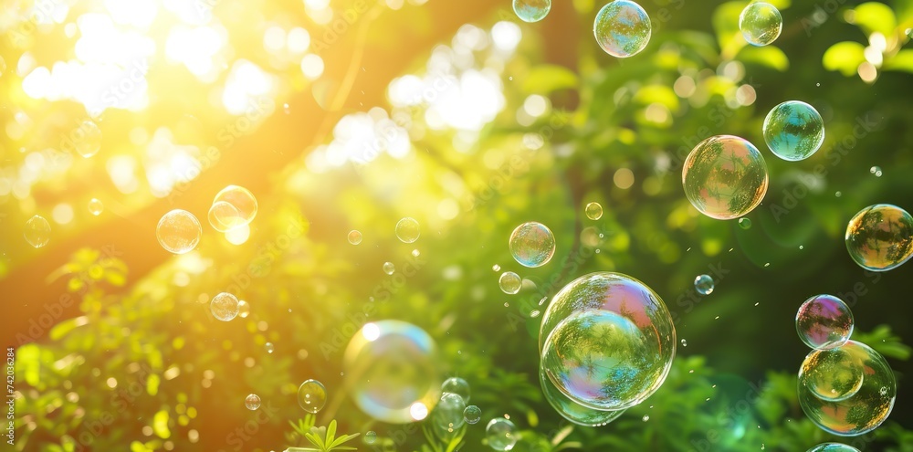 Colorful soap bubbles creating a cheerful display in a lush green garden