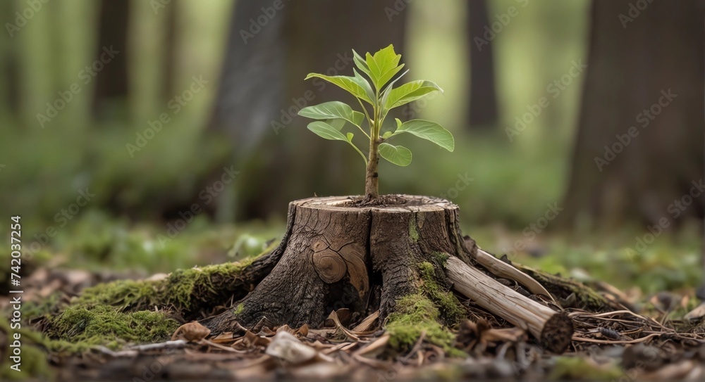 Young tree emerging from old tree stump Young tree emerging from old tree stump