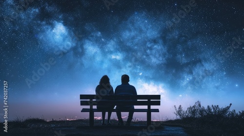 Couple sits on bench gazing at starry night sky, Ai Generated.
