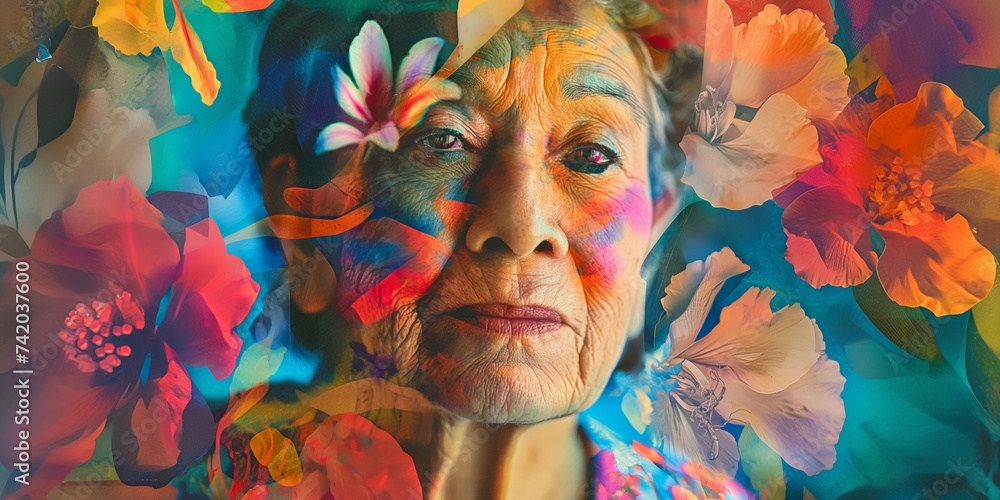 A mature Latin woman is featured in this portrait, adorned with flowers creating an abstract contemporary art collage.