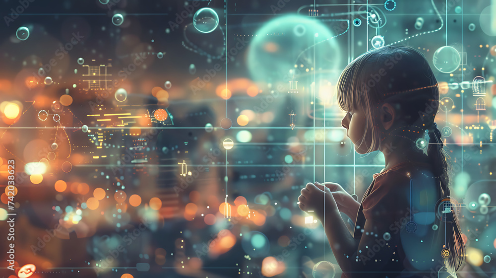 a young girl looking at a futuristic city with lights and bubbles in the background a young girl looking at a futuristic city with lights and bubbles in the background