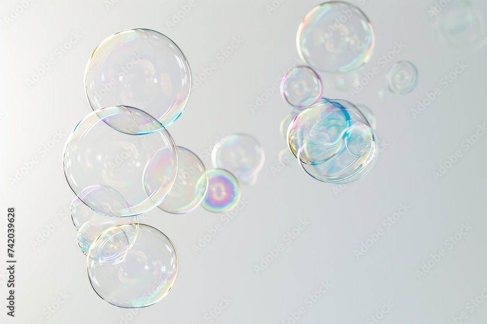 Soap bubbles suspended in mid-air on a pristine white background. Minimalist and elegant bubble composition.