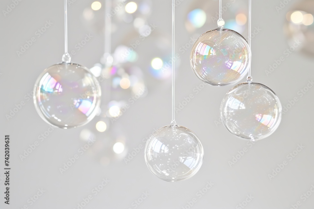 Delicate soap bubbles hanging gracefully against a pure white backdrop. Subtle and serene bubble arrangement.