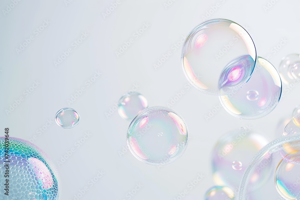 Soap bubbles floating gracefully in mid-air on a clean white background. Elegant and peaceful bubble display. Soap bubbles floating gracefully in mid-air on a clean white background. Elegant and peaceful bubble display.