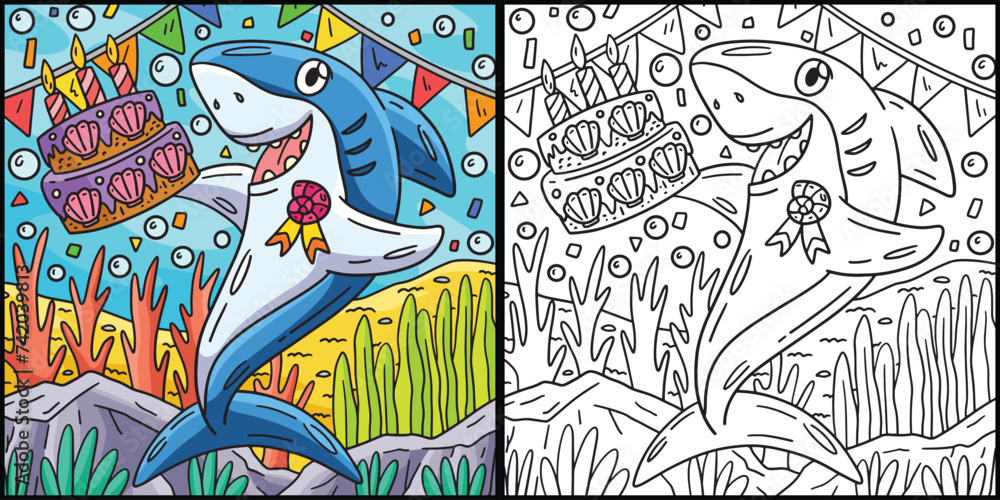 Shark with Birthday Cake Coloring Illustration