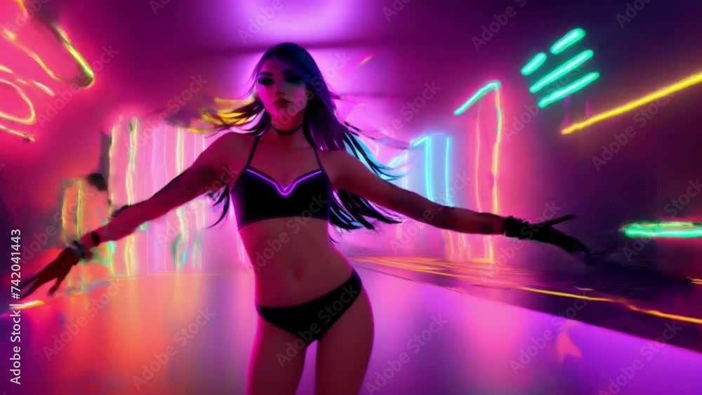 Girl dancing in neon light: a whirlwind of emotions and music Girl dancing in neon light: a whirlwind of emotions and music