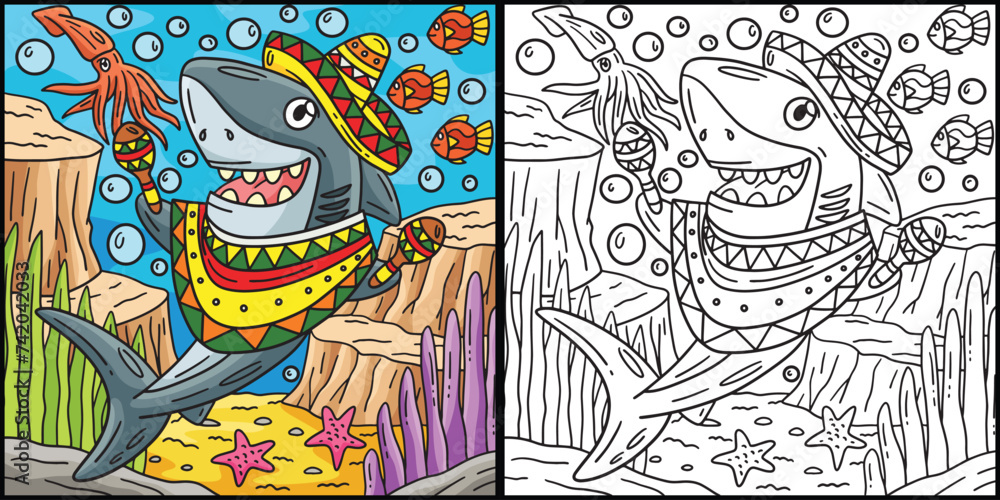 Shark with Sombrero and Maracas Illustration