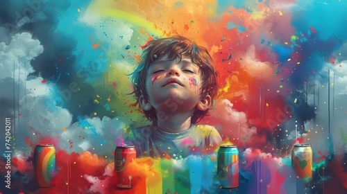 A young child stands mesmerized by an explosion of colorful rainbow on wall, representing creativity and imagination.