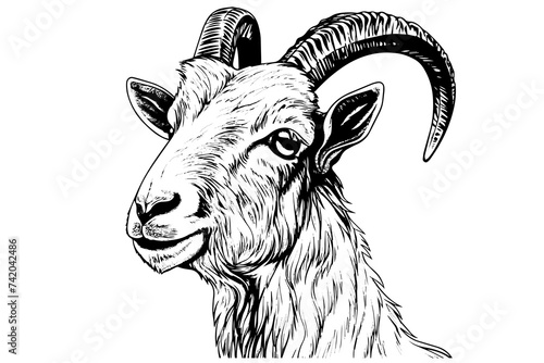 Goat head hand drawn ink sketch. Engraved style vector logotype photo