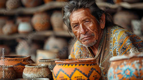 older person from an indigenous people showing their crafts photo