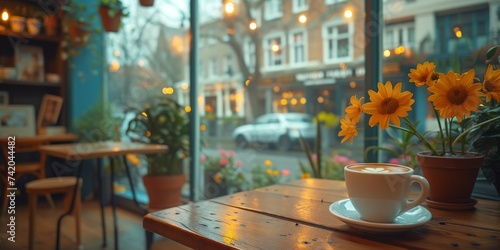 Coffee break in cozy cafe and natural background.