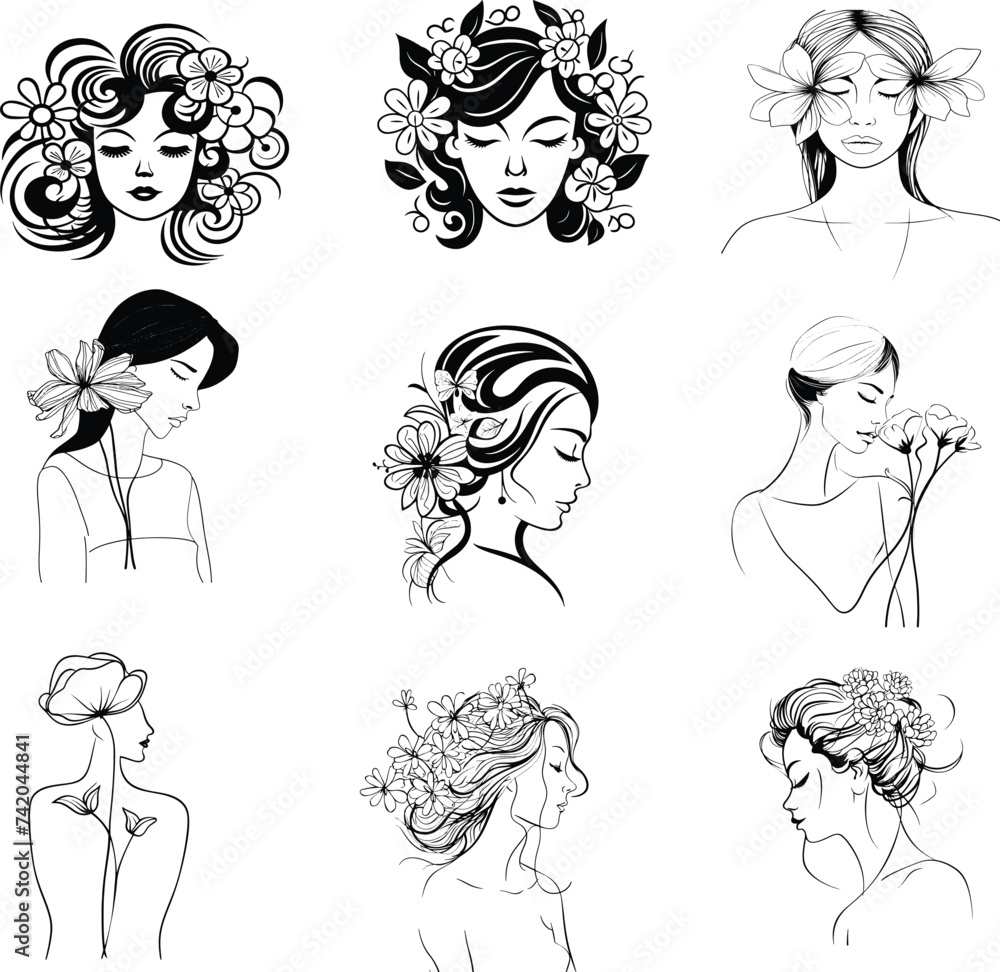 floral, flower woman silhouette black and white hand drawn vector illustration floral, flower woman silhouette black and white hand drawn vector illustration