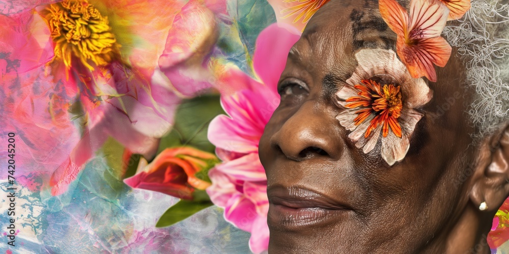 This portrait captures the essence of a mature black woman, her face adorned with flowers, presenting an abstract contemporary art collage.