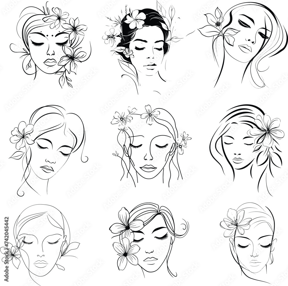 flower, floral woman hand drawn line art vector illustration flower, floral woman hand drawn line art vector illustration