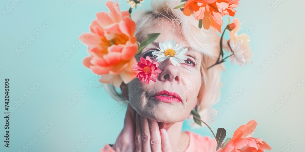 mature blonde woman with flowers adorning her face, presenting an abstract contemporary art collage