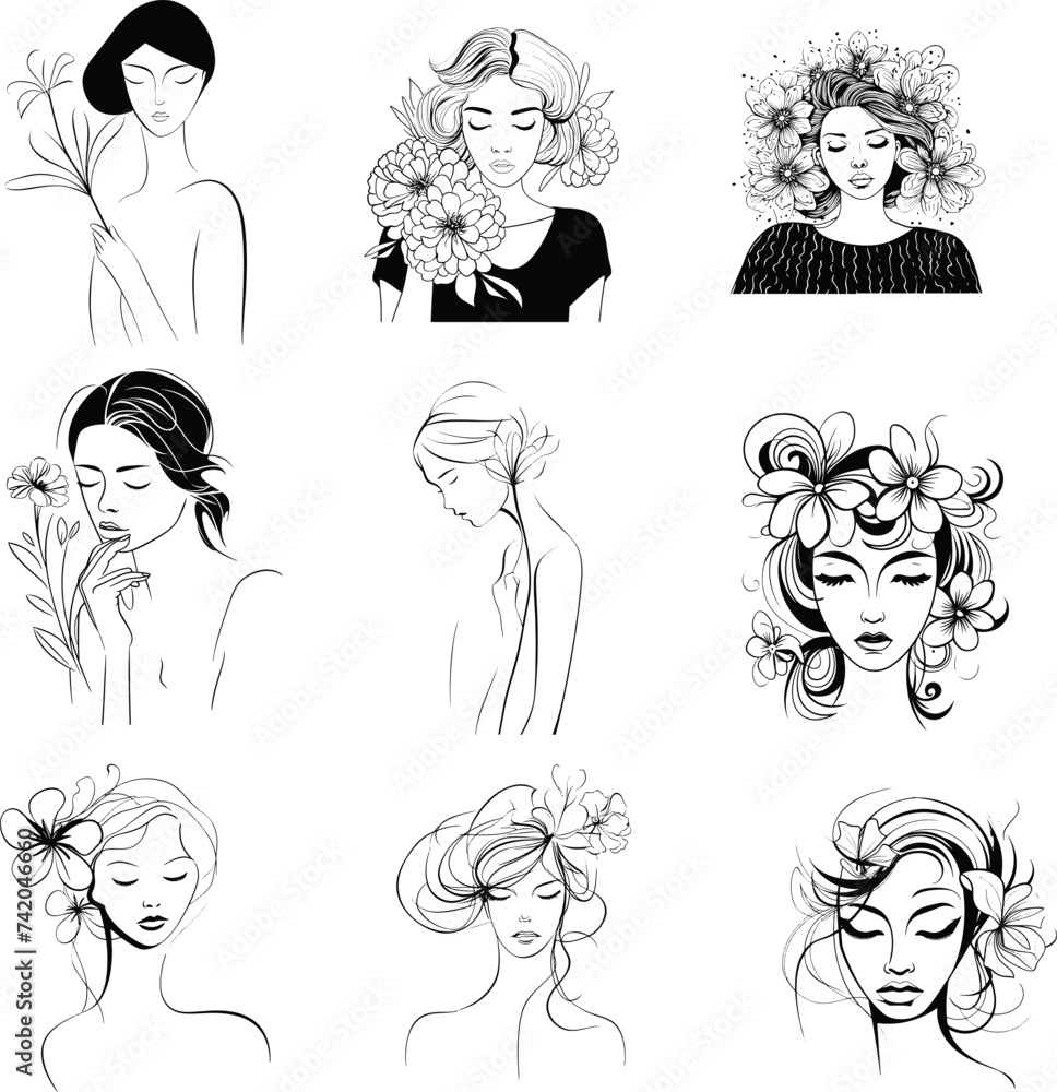 floral, flower woman silhouette black and white hand drawn vector illustration floral, flower woman silhouette black and white hand drawn vector illustration