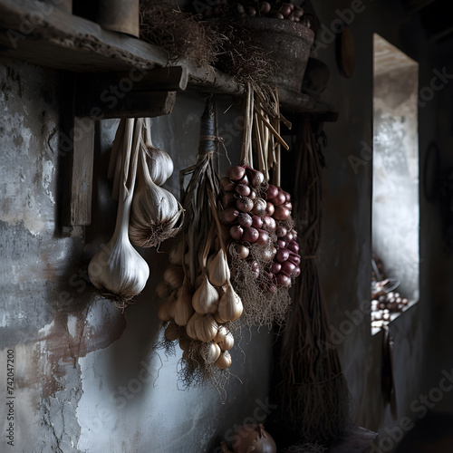 Hanging dried onion and garlic. photo