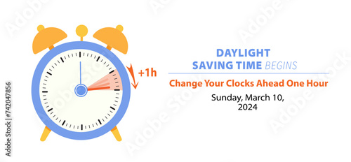 Daylight Saving Time Begins. Spring Forward Time in March 10, 2024 Web Banner Reminder. Vector illustration with clocks turning to an hour ahead