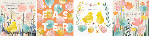 Happy easter! Vector floral watercolor illustration of Easter eggs, cute chick, spring flowers and plants, pattern for greeting card, invitation, background or poster