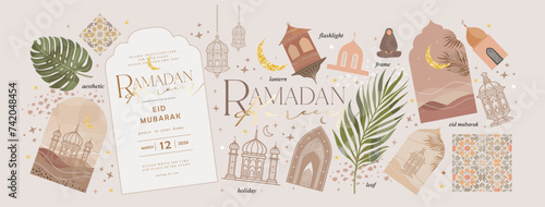Ramadan Kareem. Eid Mubarak. Vector aesthetic illustration of crescent moon, mosque, lantern, window, frame, background, ornament, tropical leaf for greeting card, invitation or poster in beige muted 