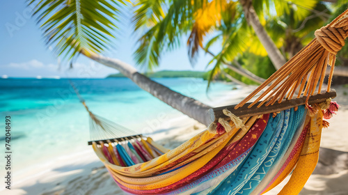 Close up photograph of a colourful hammock under palm trees on an exotic beach, with clear blue sea in the background