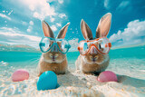 Cute Easter bunnies with snorkel masks hunting pastel eggs on sand sea bottom. Easter travel holidays background