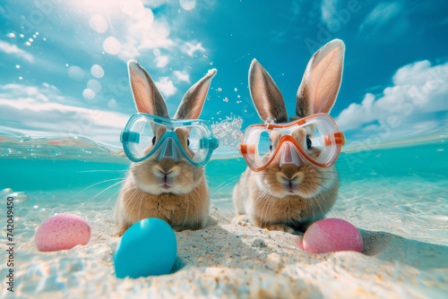 Cute Easter bunnies with snorkel masks hunting pastel eggs on sand sea bottom. Easter travel holidays background photo