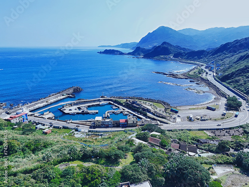 Aerial view of the coastal highway and fishing ports in the northeast corner of Taiwan.