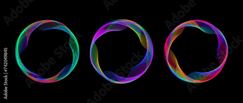 Neon iridescent dotted gradient circle set. Green, purple, red glow round tech frame collection. Curved wave dot line circles on black background. Spinning circular border pack. Vector element bundle