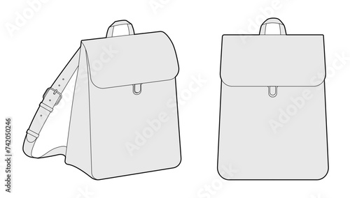 Slim Shape backpack silhouette bag. Fashion accessory technical illustration. Vector schoolbag front 3-4 view for Men, women, unisex style, flat handbag CAD mockup sketch outline isolated