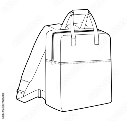 Backpack with Double Handles silhouette bag. Fashion accessory technical illustration. Vector schoolbag 3-4 view for Men, women, unisex style, flat handbag CAD mockup sketch outline isolated