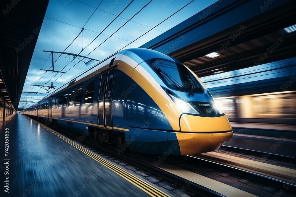 High speed train moving on railway station with motion blur effect, transportation concept High speed train moving on railway station with motion blur effect, transportation concept