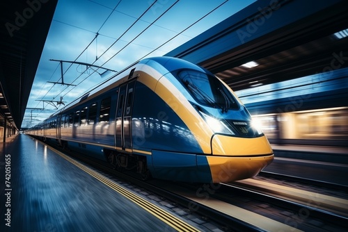 High speed train moving on railway station with motion blur effect, transportation concept