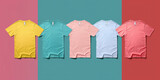A row of variously colored t-shirts is displayed on a vibrant multicolored background. The t-shirts show a range of colors and styles, creating a visually striking ensemble