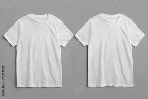 Two white t-shirts are neatly displayed on a plain gray background. The t-shirts are the focal point of the image, showcasing their simple design against the muted backdrop