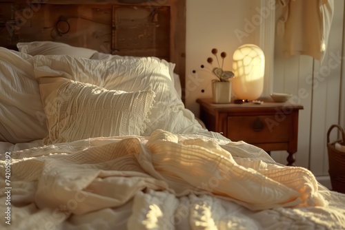 a bed is set with white blankets and a nightstand, in the style of luminous glazes, silhouette lighting, handcrafted objects