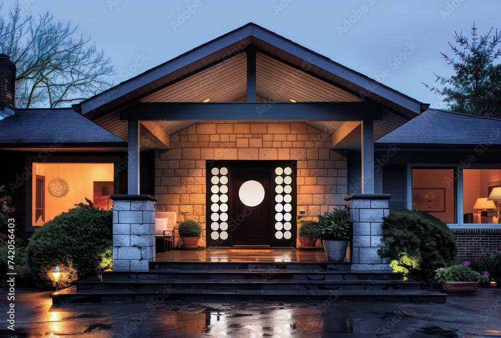 a house with a stone front door and an entry way with brick trim, in the style of handcrafted designs, wood