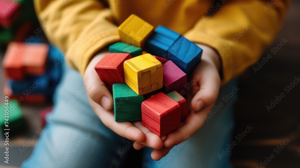 Child holds colorful wooden blocks in tiny hands, Ai Generated. Child holds colorful wooden blocks in tiny hands, Ai Generated.
