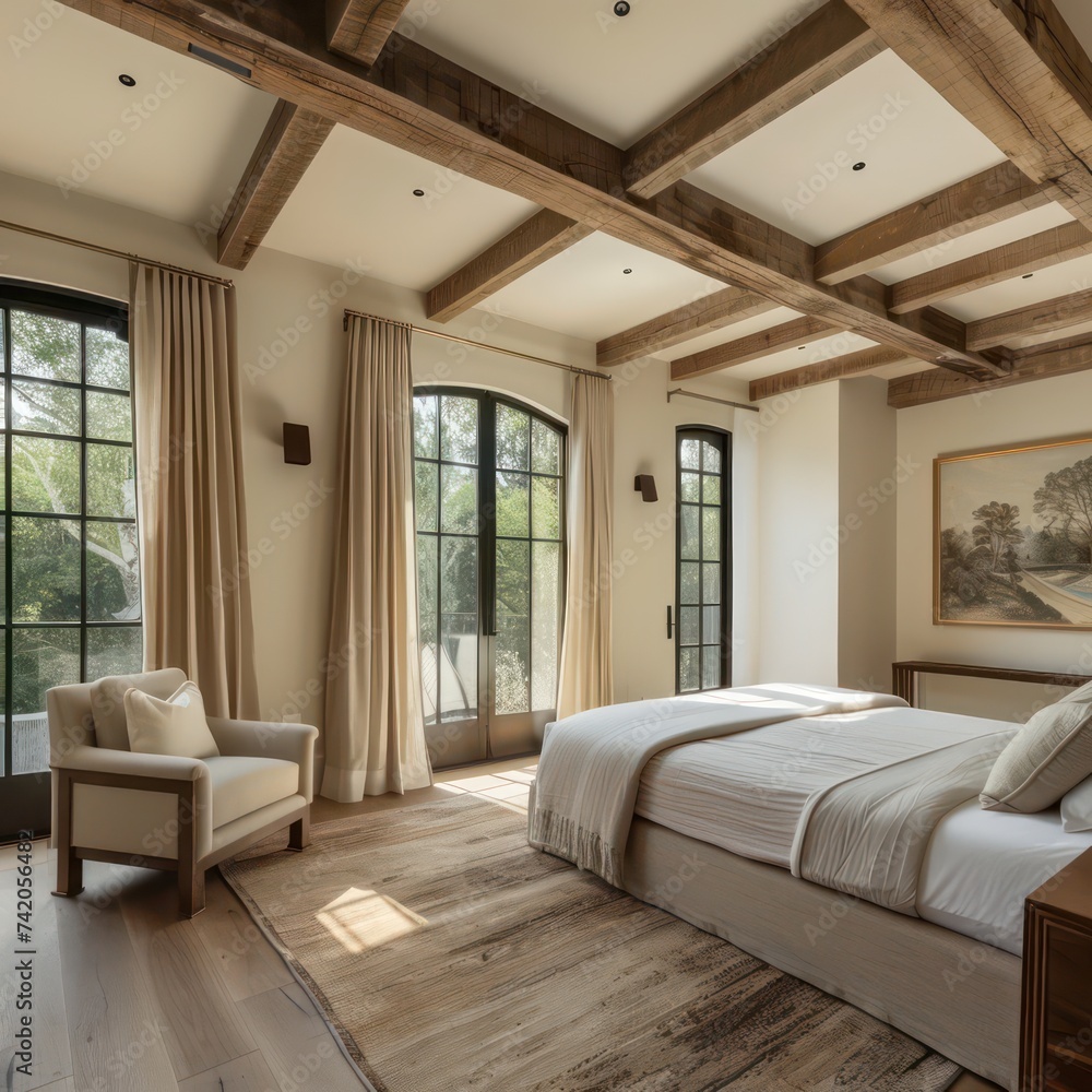 a large bedroom with beams and wooden floors, in the style of modern european ink painting, precisionist style, hybrid of contemporary and traditional, dark beige