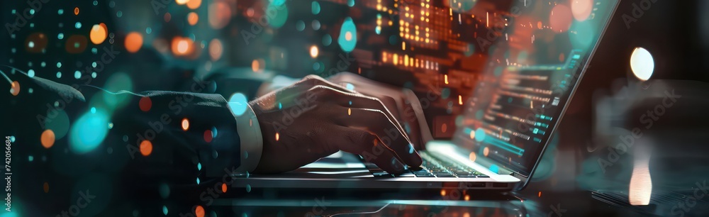 a man in a suit is typing on a laptop with futuristic technology showing, in the style of industrial and product design, digital abstraction, light black and teal a man in a suit is typing on a laptop with futuristic technology showing, in the style of industrial and product design, digital abstraction, light black and teal