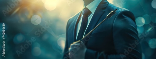 a man in a suit with some arrows showing, in the style of technological marvels, light teal and light navy, scientific diagrams, exquisite details photo