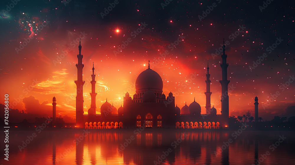 Ramadan Kareem greeting card. moon neon lights at a top of a mosque.Islamic greeting Eid Mubarak cards for Muslim Holidays.Eid-Ul-Adha festival celebration
