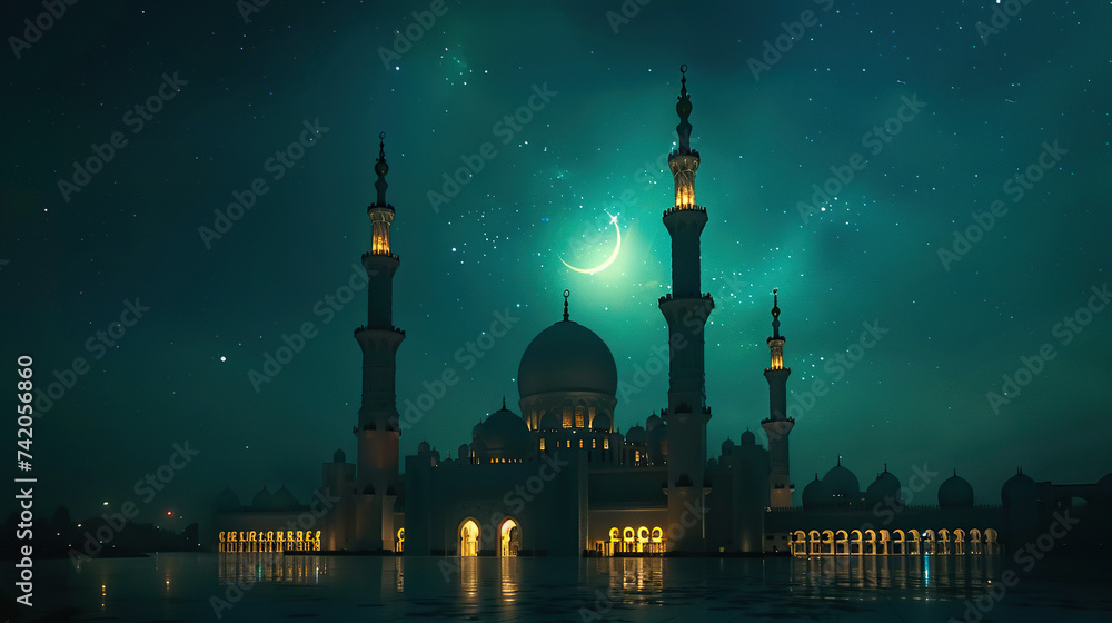 Ramadan Kareem background. Mosque silhouette in night sky with moon and star lights 