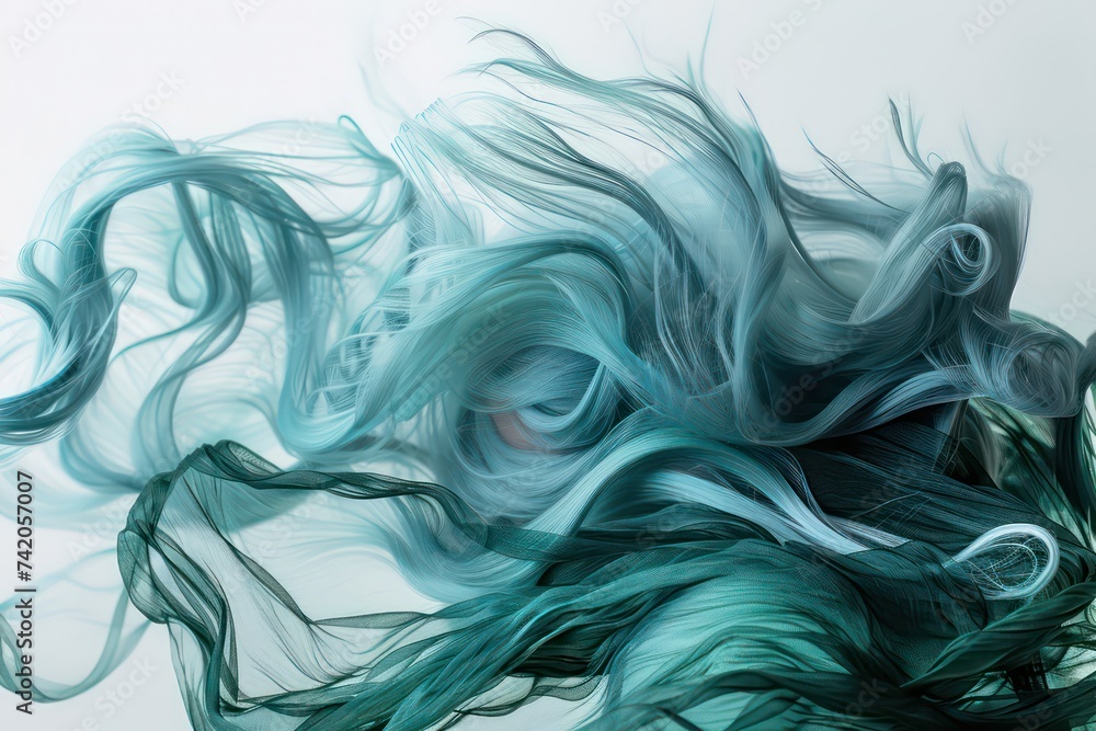 a portrait of wavy pastel turquoise hair, in the style of motion blur panorama, white background, abstract form, dark teal and light green