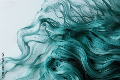 a portrait of wavy pastel turquoise hair, in the style of motion blur panorama, white background, abstract form, dark teal and light green