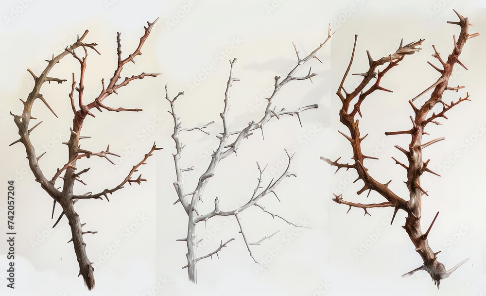set of thorn branches in different colors, in the style of photorealistic painting, white and brown, watercolor-like washes, wood sculptor