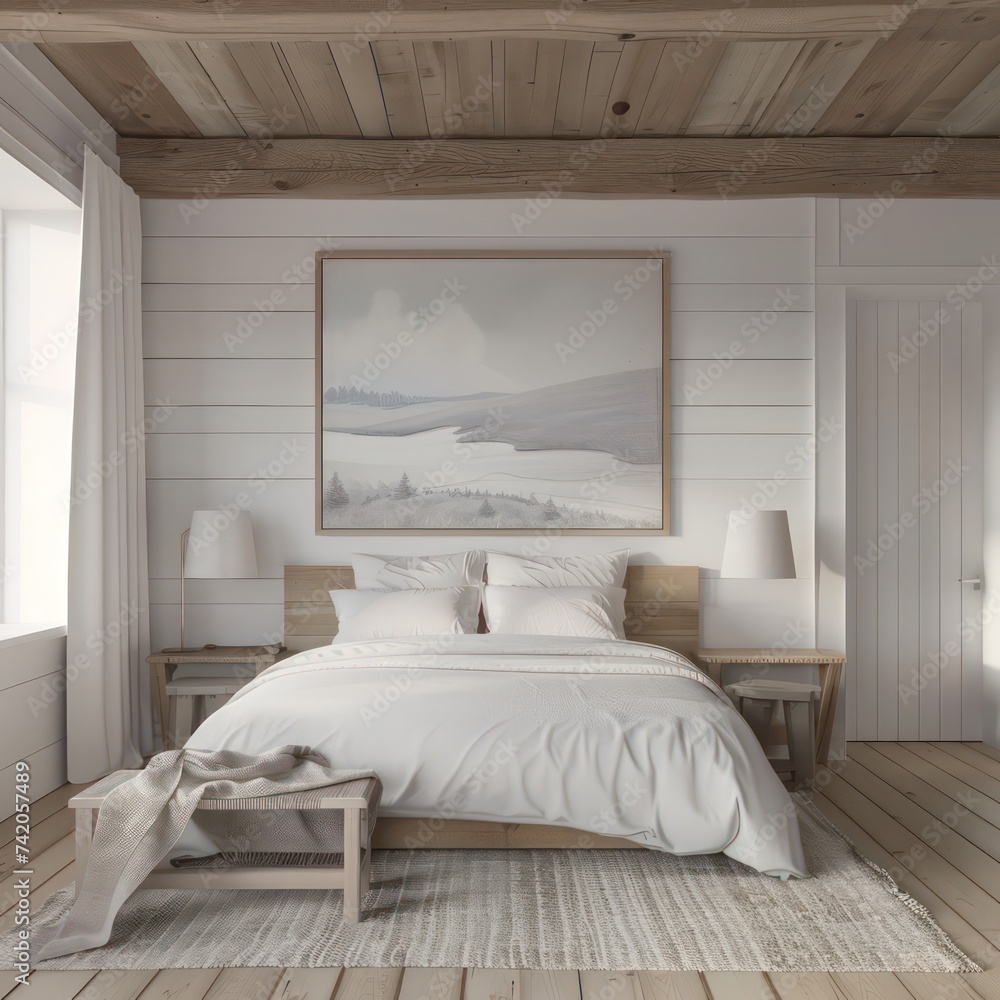 white bedroom with wooden floors, beams and a bed, in the style of precisionist, textured canvas, realistic landscapes with soft, tonal colors