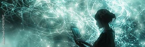  woman is holding a laptop at the computer with an electronic abstract overlay,  artificial environments, light cyan and gray, intertwined networks