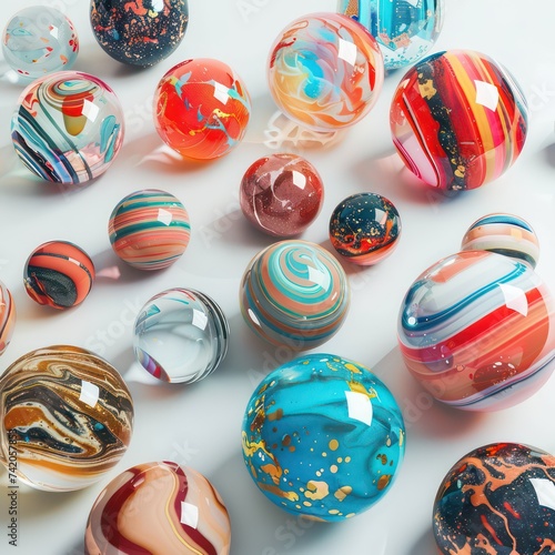 olorful spheres on a white background, in the style of cosmic landscapes, made of glass, light red and turquoise, realistic forms, striped painting, detailed miniatures